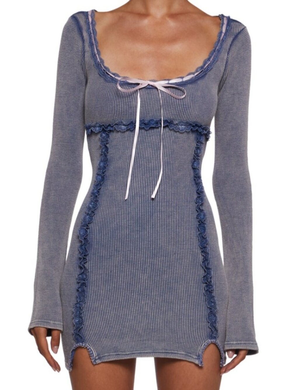Dolls Kill Current Mood 1X Blue Thermal Girly 90's Y2K Mini Dress Pink Ribbon - Picture 6 of 6